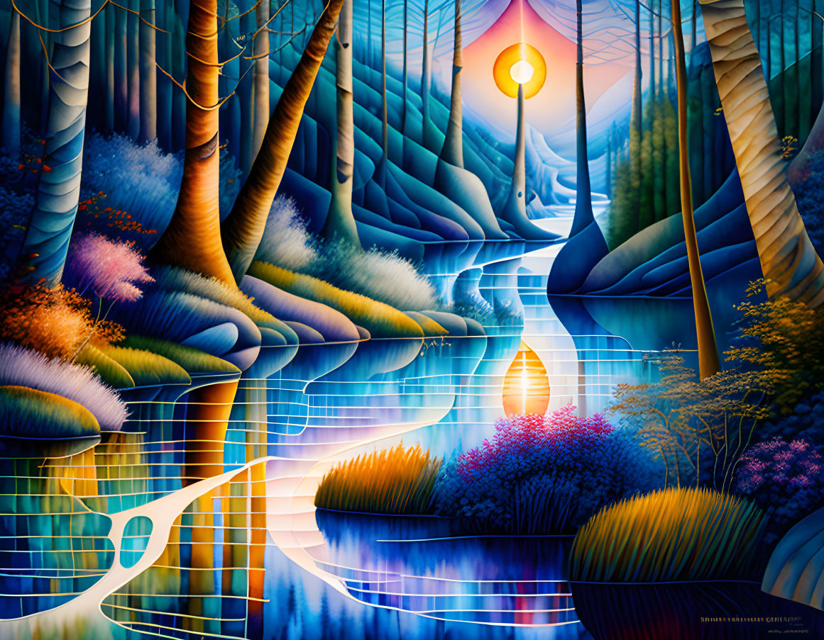 Illustration of mystical forest with river and glowing orb