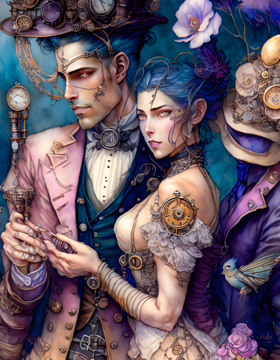 Steampunk-themed illustration of man and woman with intricate clothing and mechanical accessories