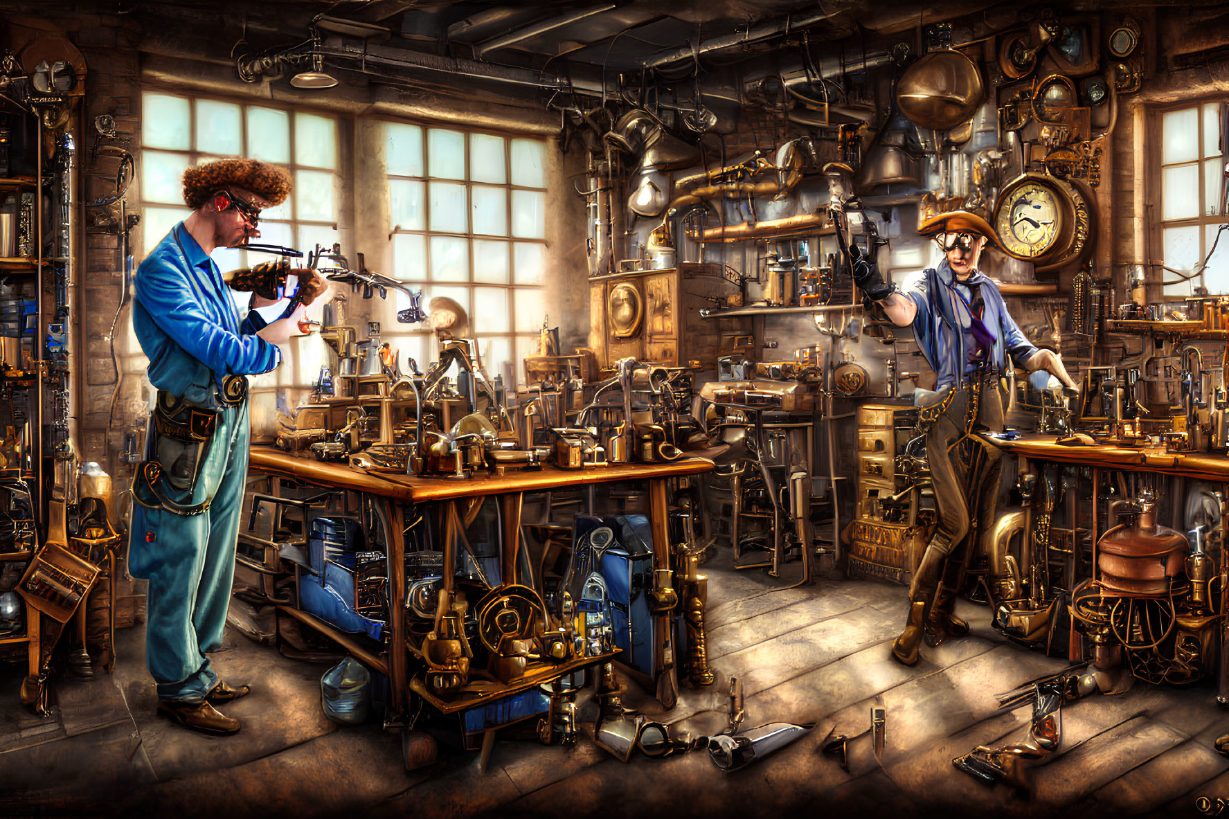 Steampunk Workshop with Inventors and Intricate Devices