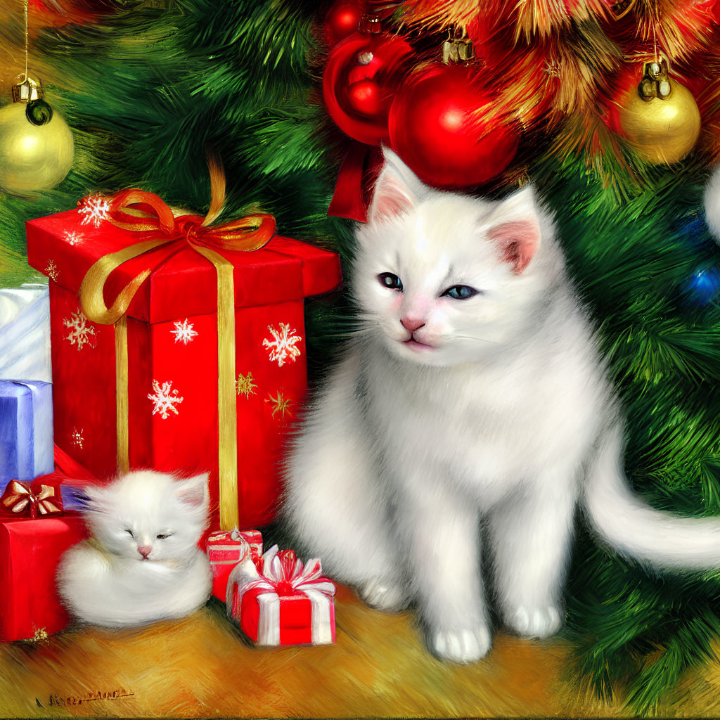 Fluffy white kittens with Christmas gifts under decorated tree