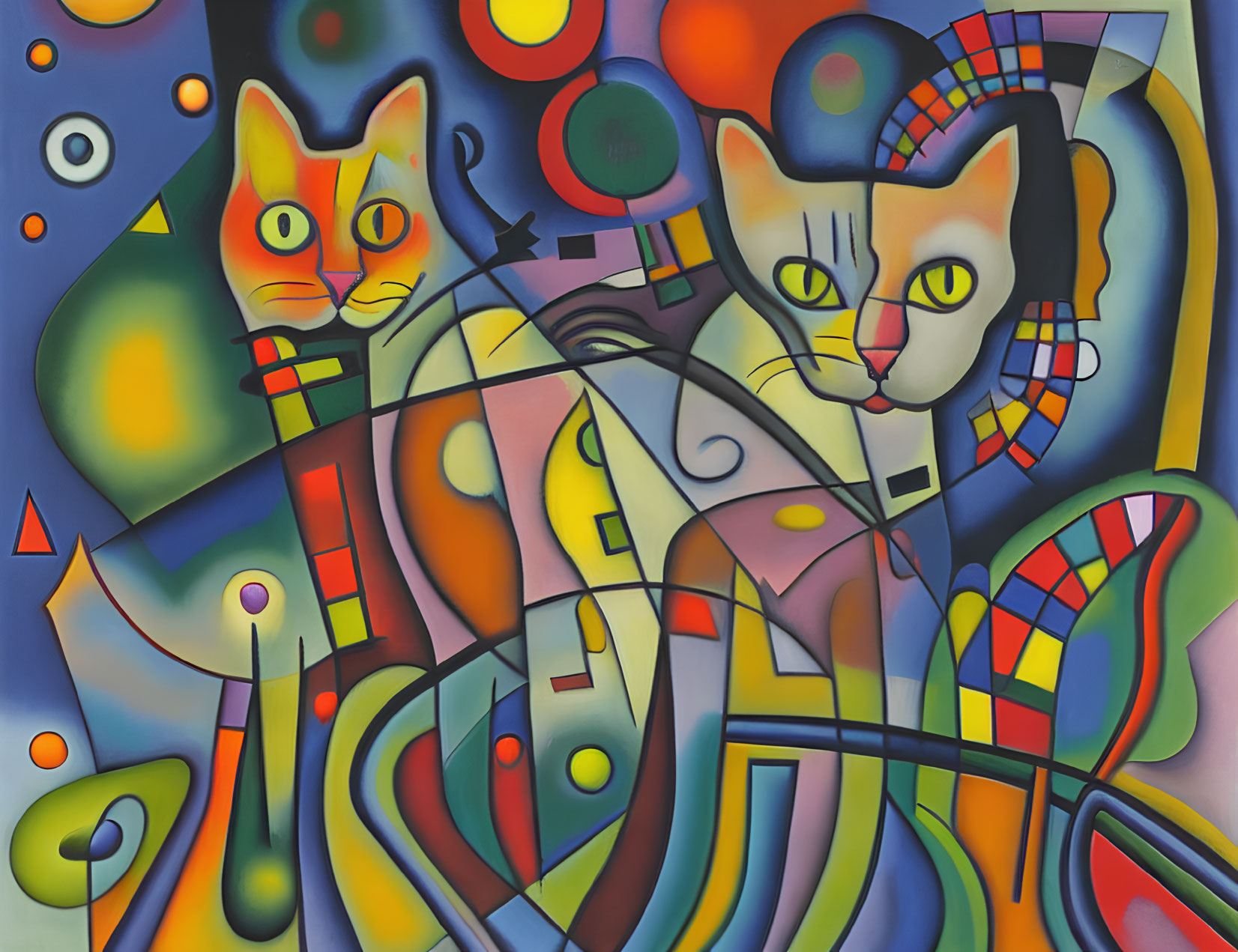 Vivid abstract painting with stylized cats and geometric shapes