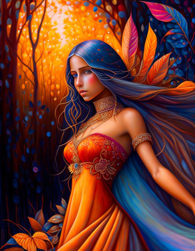 Digital artwork: Woman with blue hair in mystical forest