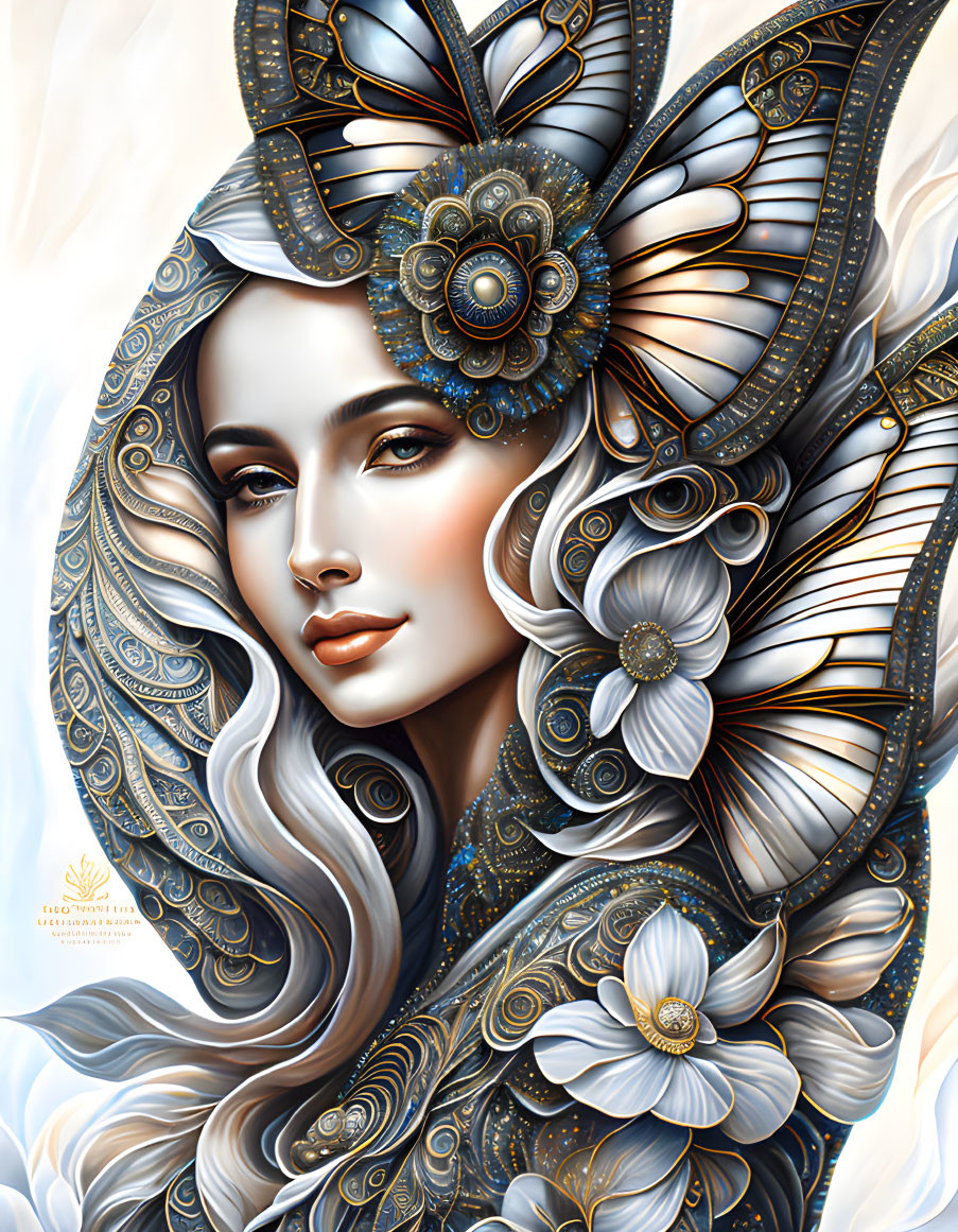 Woman with elaborate metallic butterfly headdress and floral hair designs