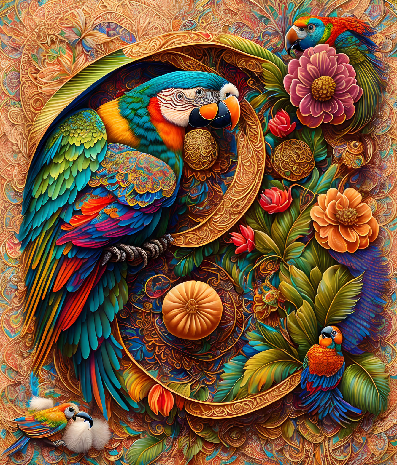 Colorful Parrot Illustration with Intricate Floral Designs