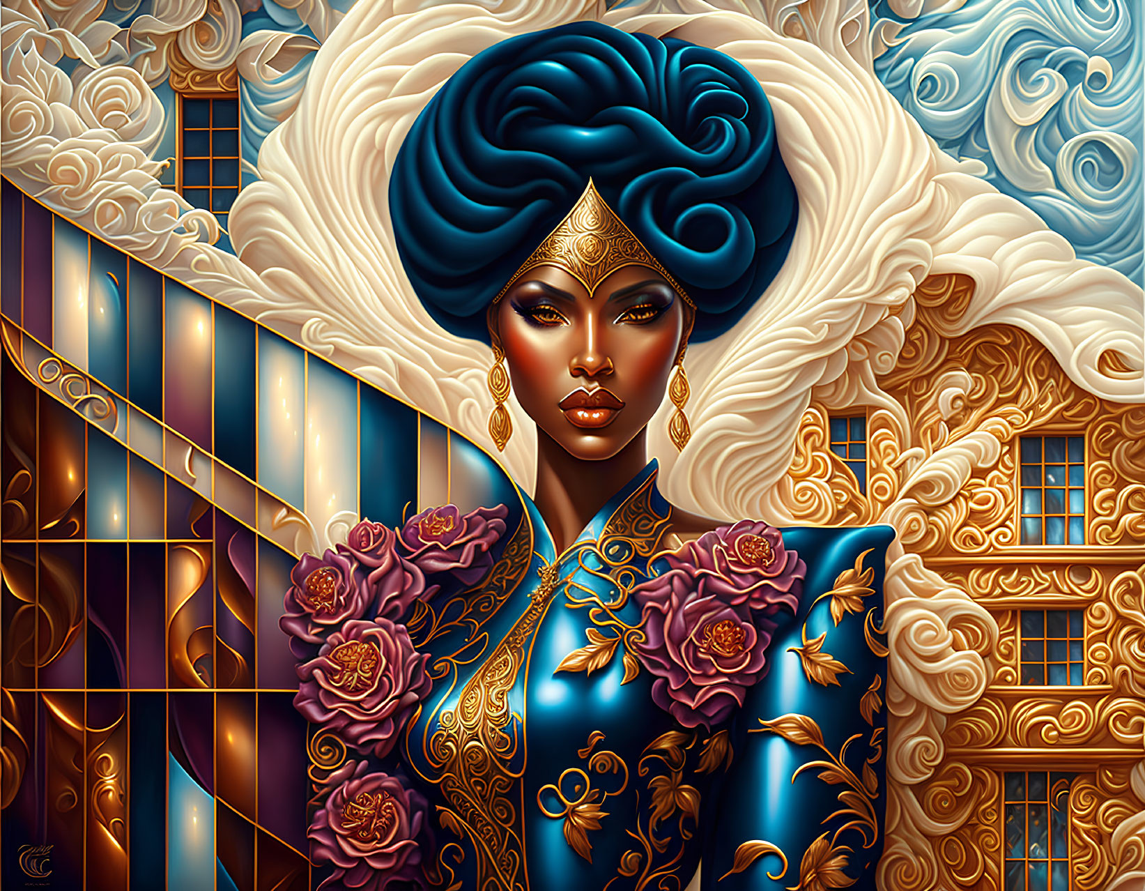 Regal Portrait of a Woman with Floral Designs