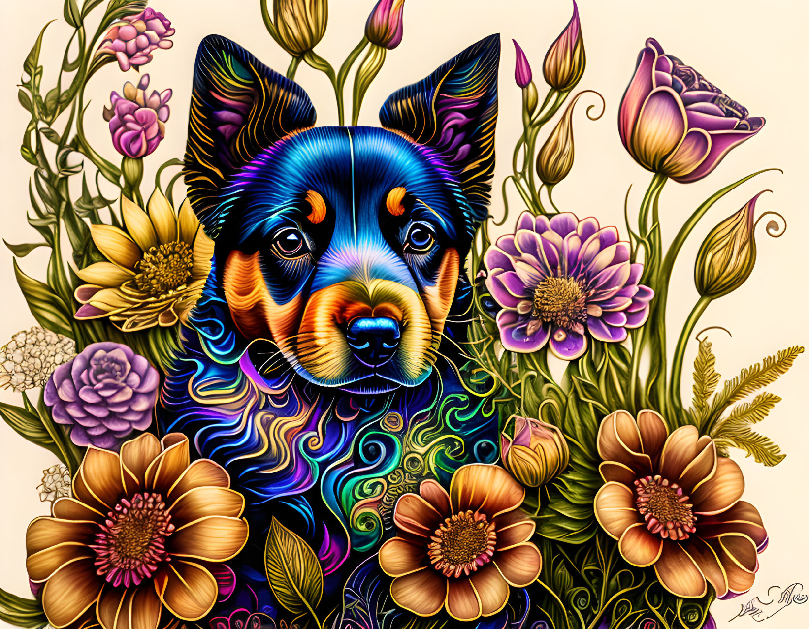 Vibrant dog portrait with floral elements and intricate patterns