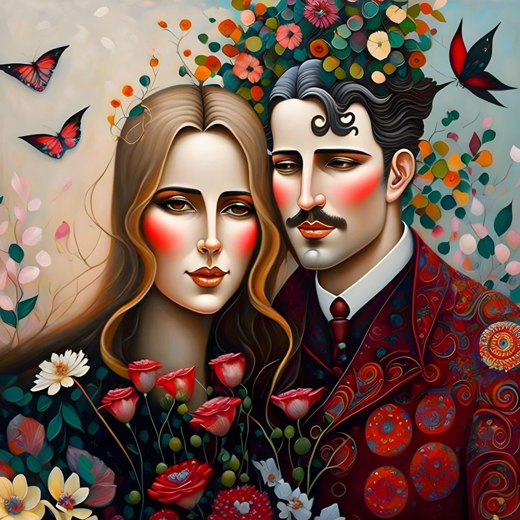 Colorful portrait of man and woman with floral elements & butterflies