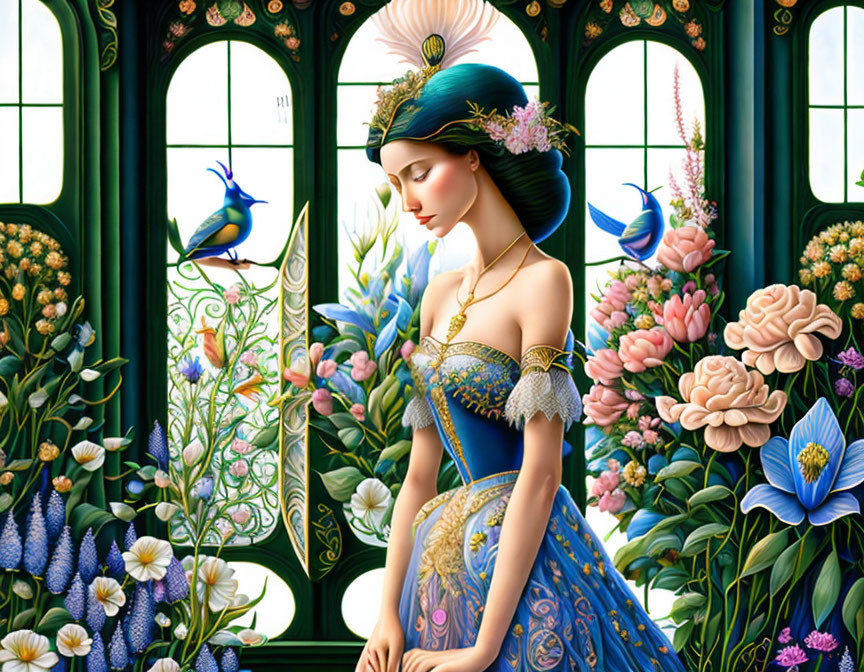 Woman in ornate blue dress by window with flowers and blue bird