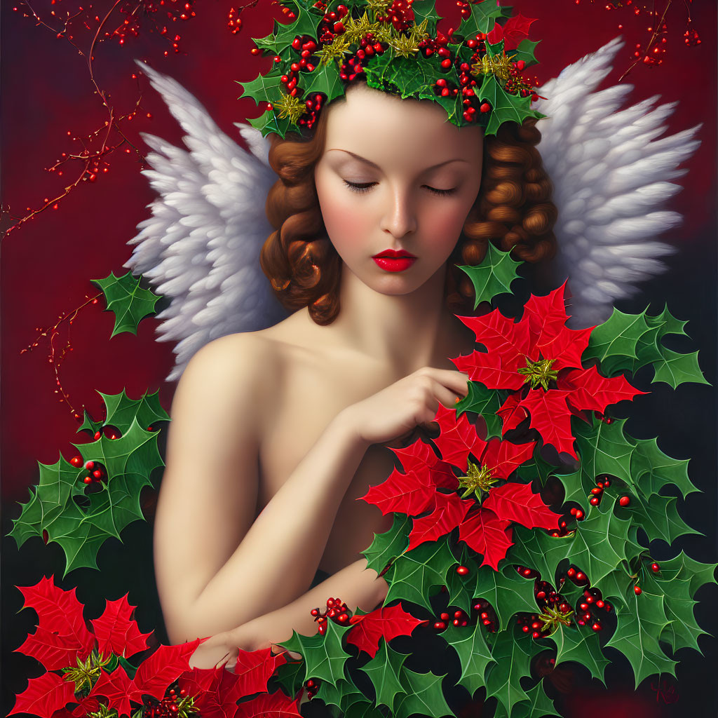 Ethereal Figure with Wings and Holiday Floral Crown