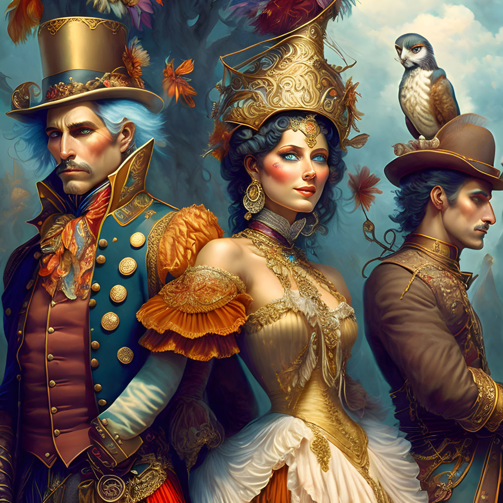 Three individuals in fantasy Victorian attire with woman, man in top hat, and man with bird on shoulder