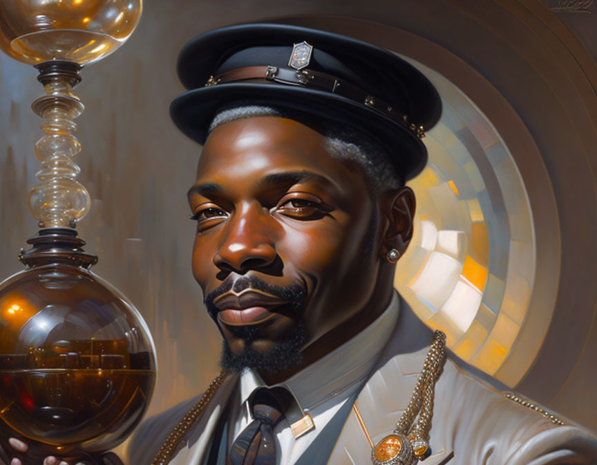 Uniformed man with glass sphere under golden light.