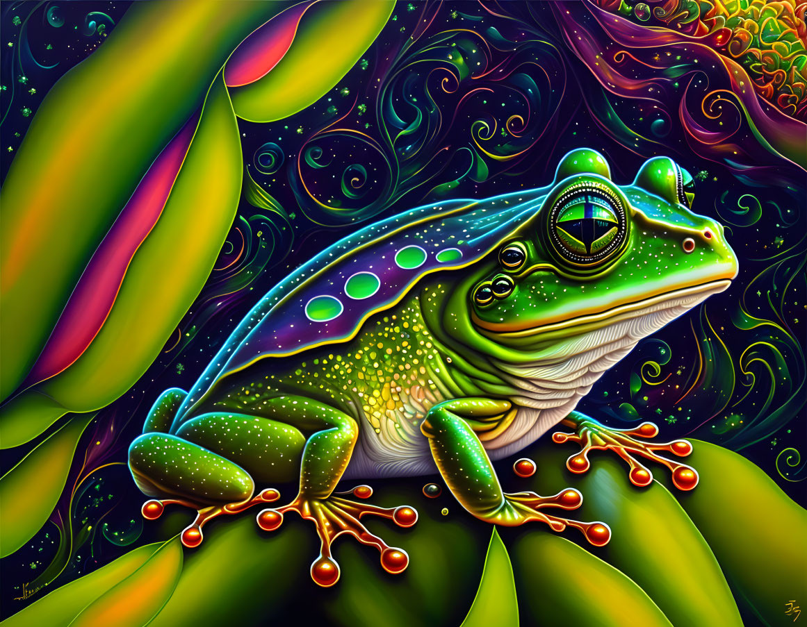 Colorful Stylized Frog Illustration on Leafy Background