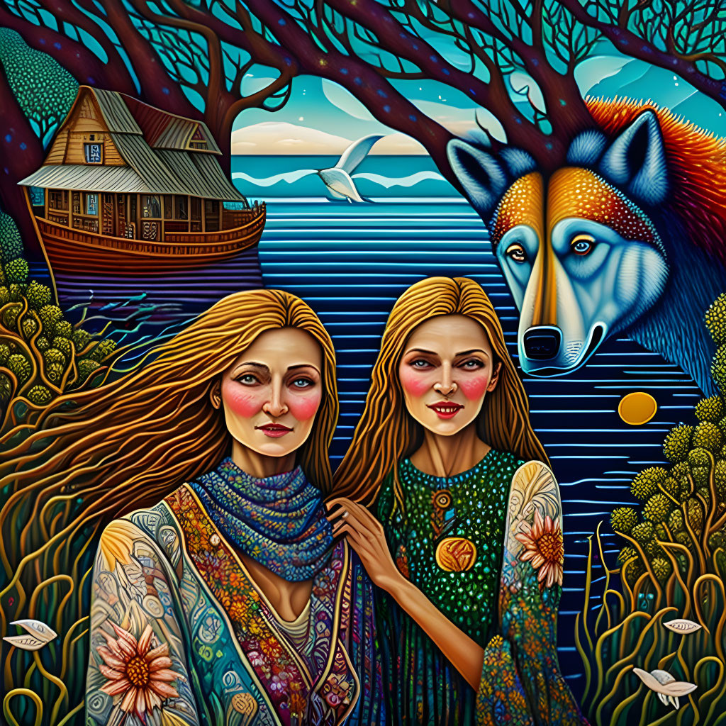 Detailed illustration of twin women, wolf's head, houseboat, swans, and trees