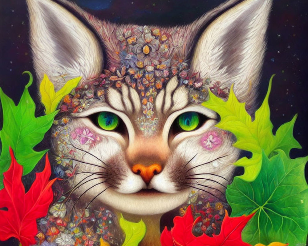 Whimsical Cat Portrait with Autumn Leaves and Floral Patterns