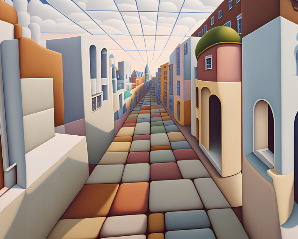 Surreal Landscape with Colorful Buildings and Sunset
