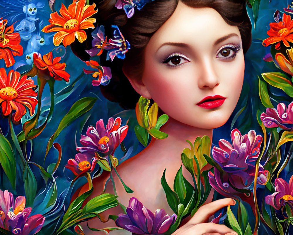 Colorful Woman Surrounded by Flowers and Foliage with Blue Creature