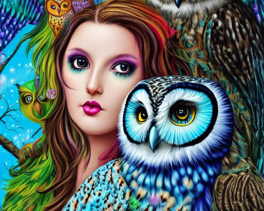 Vibrant Portrait of a Woman with Colorful Hair and Owls
