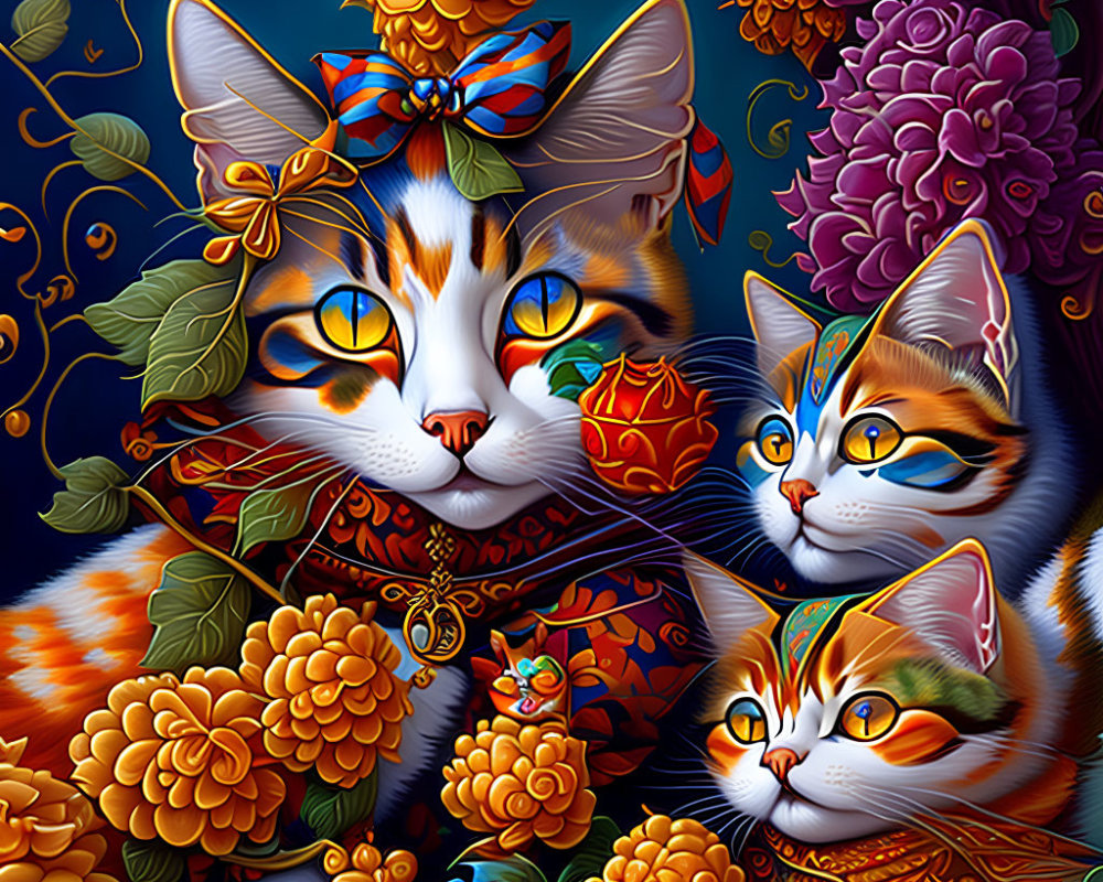 Vibrant Cats with Colorful Accessories and Floral Patterns
