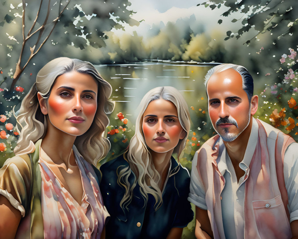 Stylized portrait of three people by serene lake