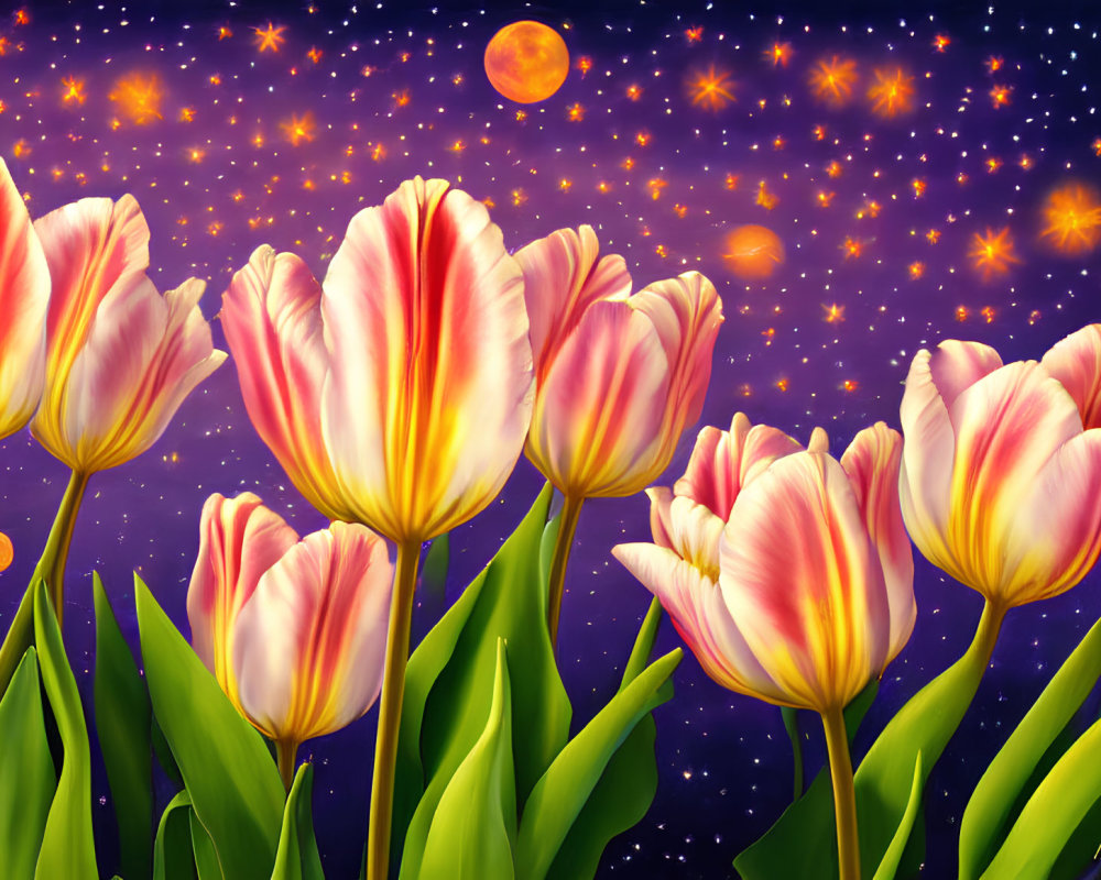 Vibrant Tulips Against a Cosmic Starry Background