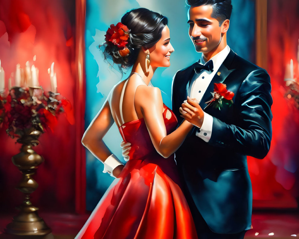 Formal attire couple dancing intimately in warm, romantic lighting