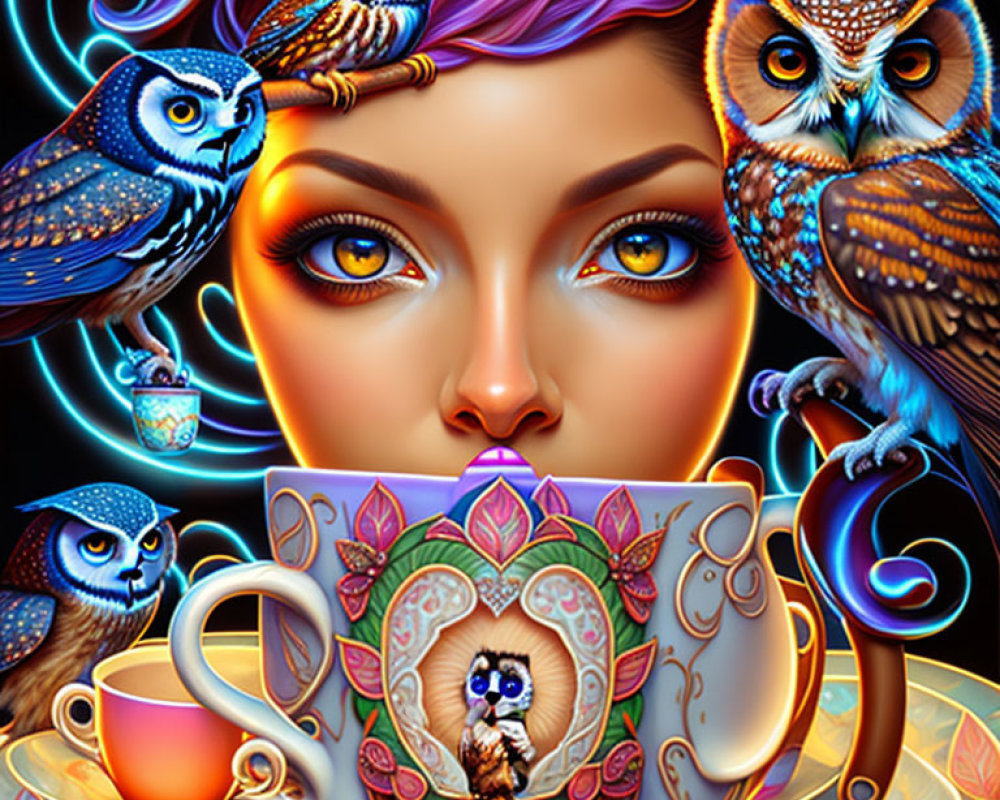 Whimsical Portrait of Woman with Colorful Owls and Teacup