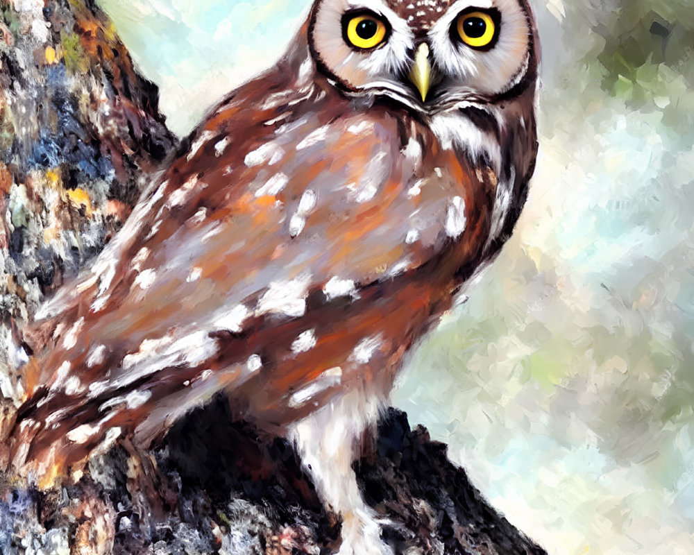 Colorful Painting: Brown Owl with White Spots on Tree Trunk