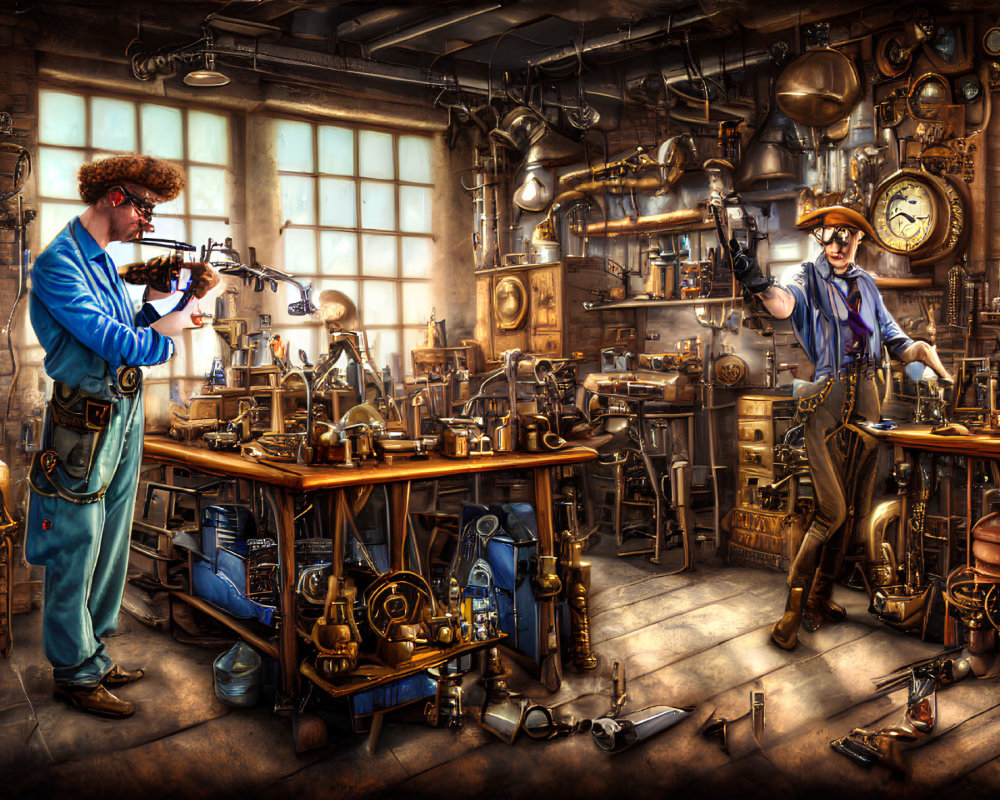Steampunk Workshop with Inventors and Intricate Devices