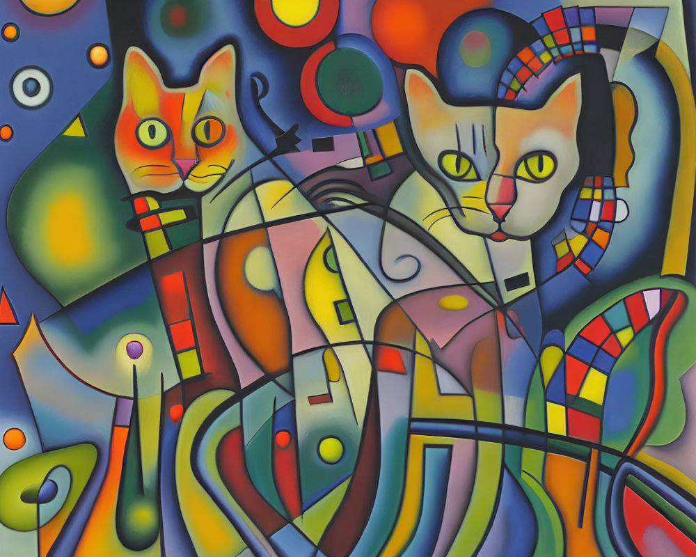 Vivid abstract painting with stylized cats and geometric shapes