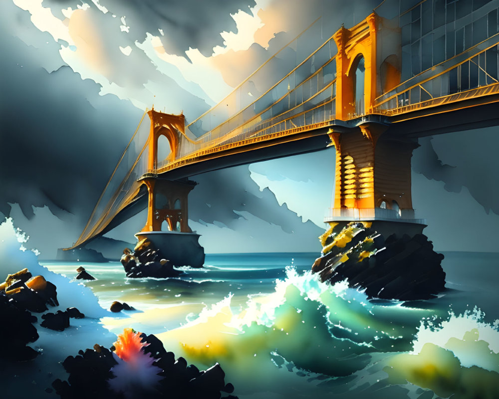 Golden suspension bridge over turbulent sea with crashing waves under dramatic cloudy sky
