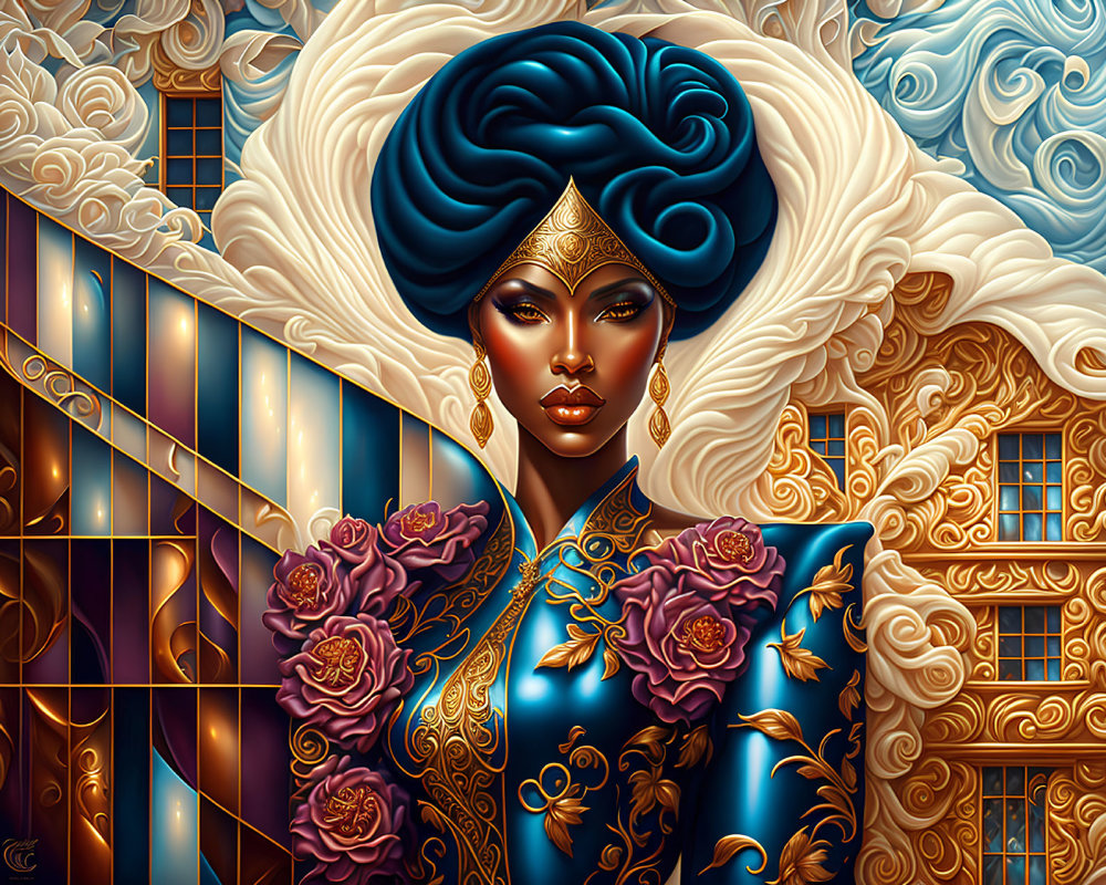 Regal Portrait of a Woman with Floral Designs