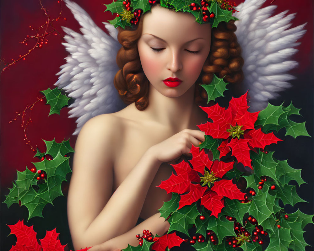 Ethereal Figure with Wings and Holiday Floral Crown