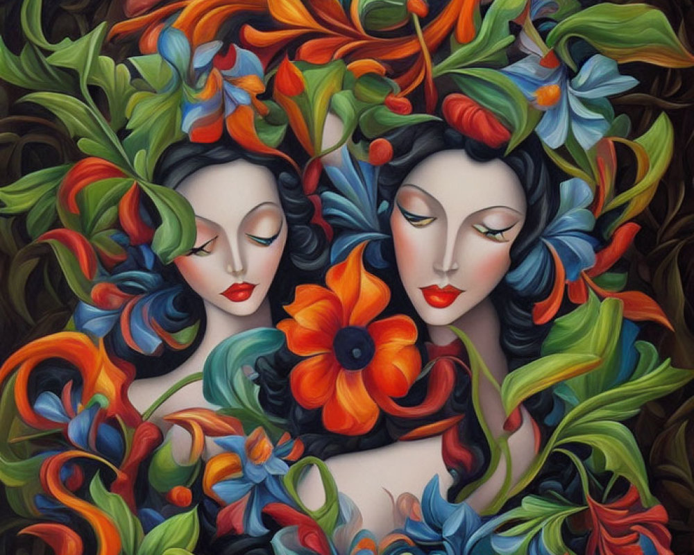 Ethereal Female Faces with Vibrant Flowers and Foliage