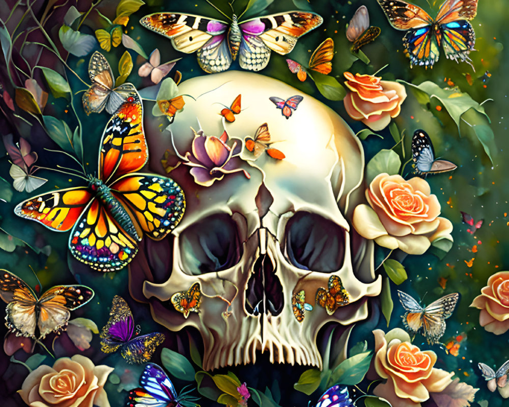 Colorful Artwork: Human Skull, Butterflies, Roses, Foliage