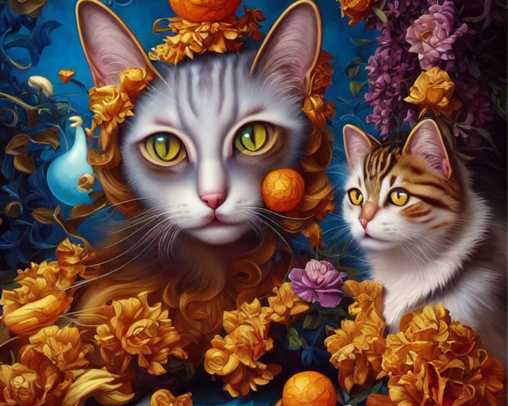 Colorful Flowers Surround Two Cats with Fruit on Head