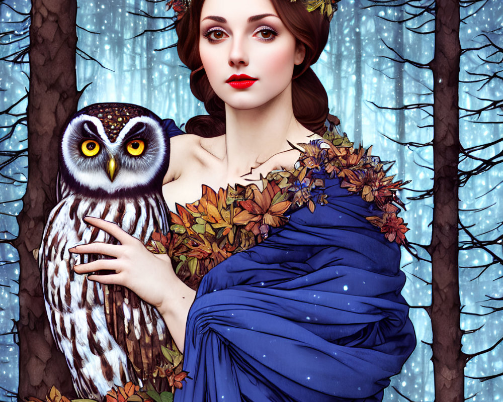 Regal woman with golden crown holding owl in snowy forest.
