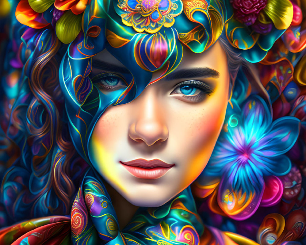 Colorful digital portrait of woman with floral adornments