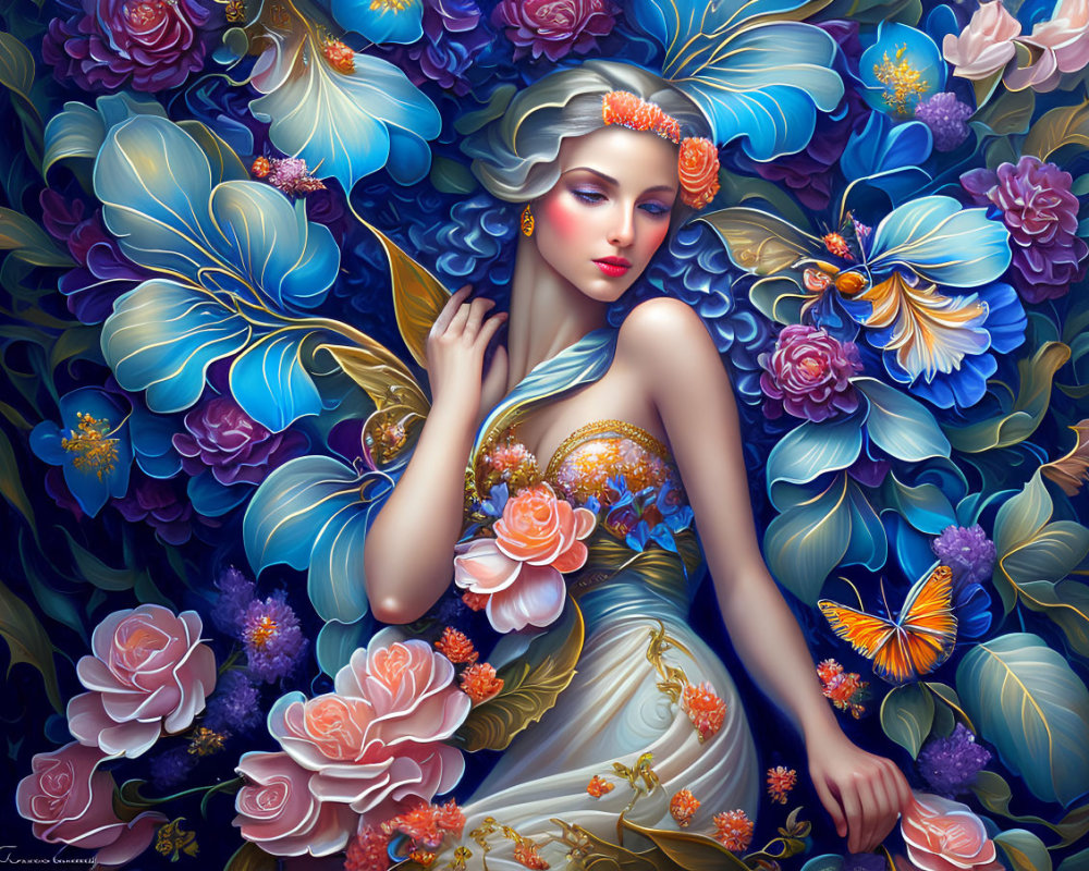 Serene Woman in Floral Gown with Vibrant Background