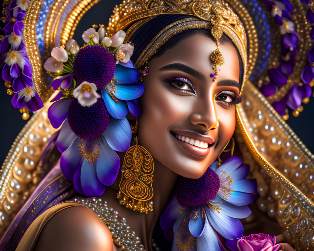 Smiling woman in gold jewelry with purple flowers