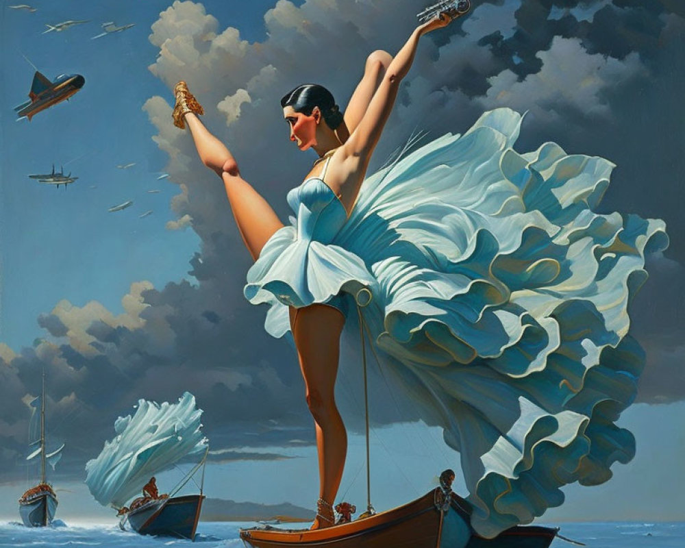 Ballerina Posing on Boat in Turbulent Waters