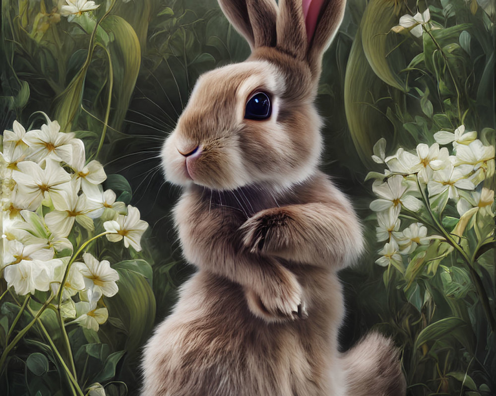 Fluffy Brown Rabbit in Lush Floral Background