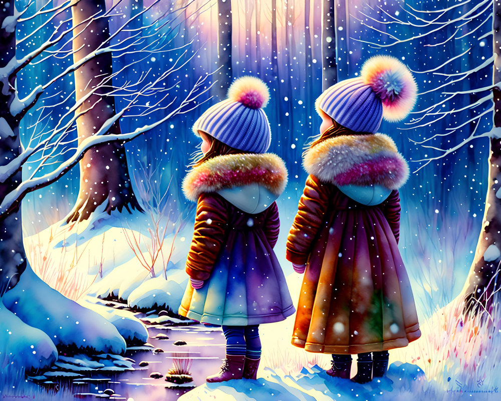 Children in winter clothing view snowy woodland scene at twilight
