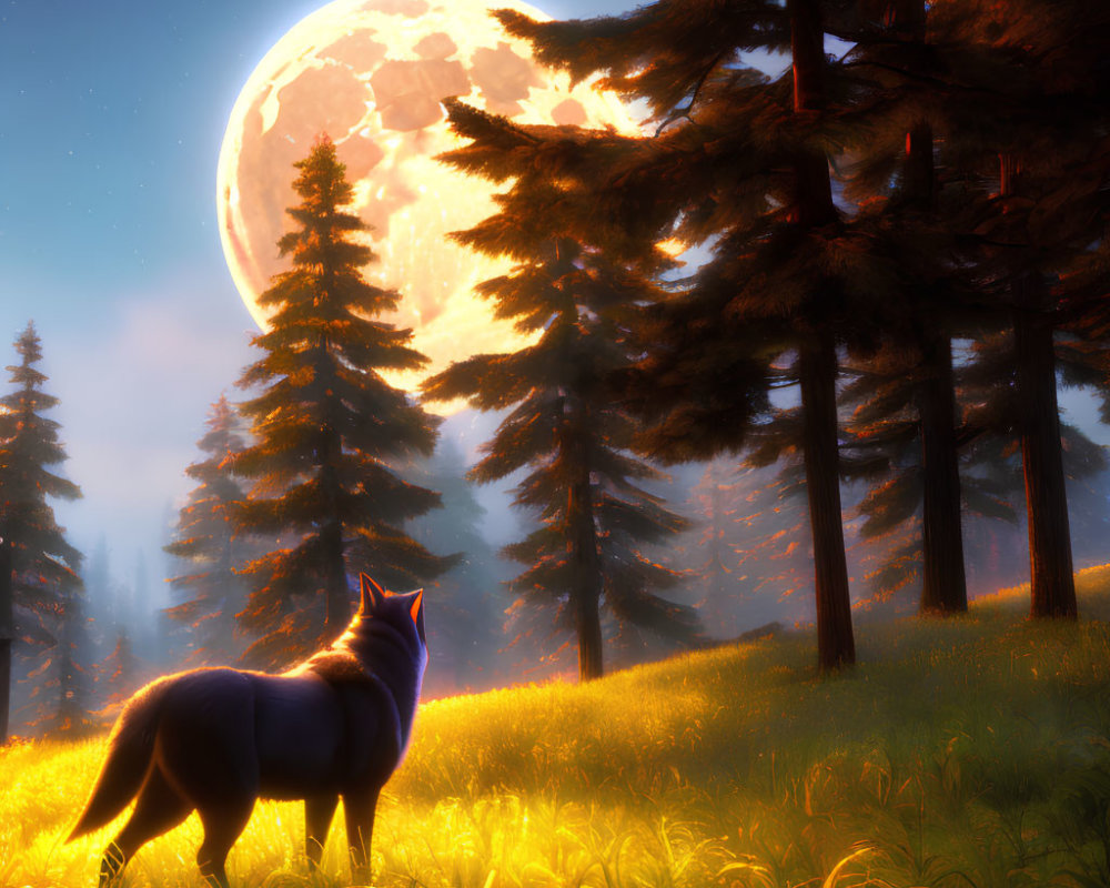 Lone wolf in glowing forest clearing under detailed moon