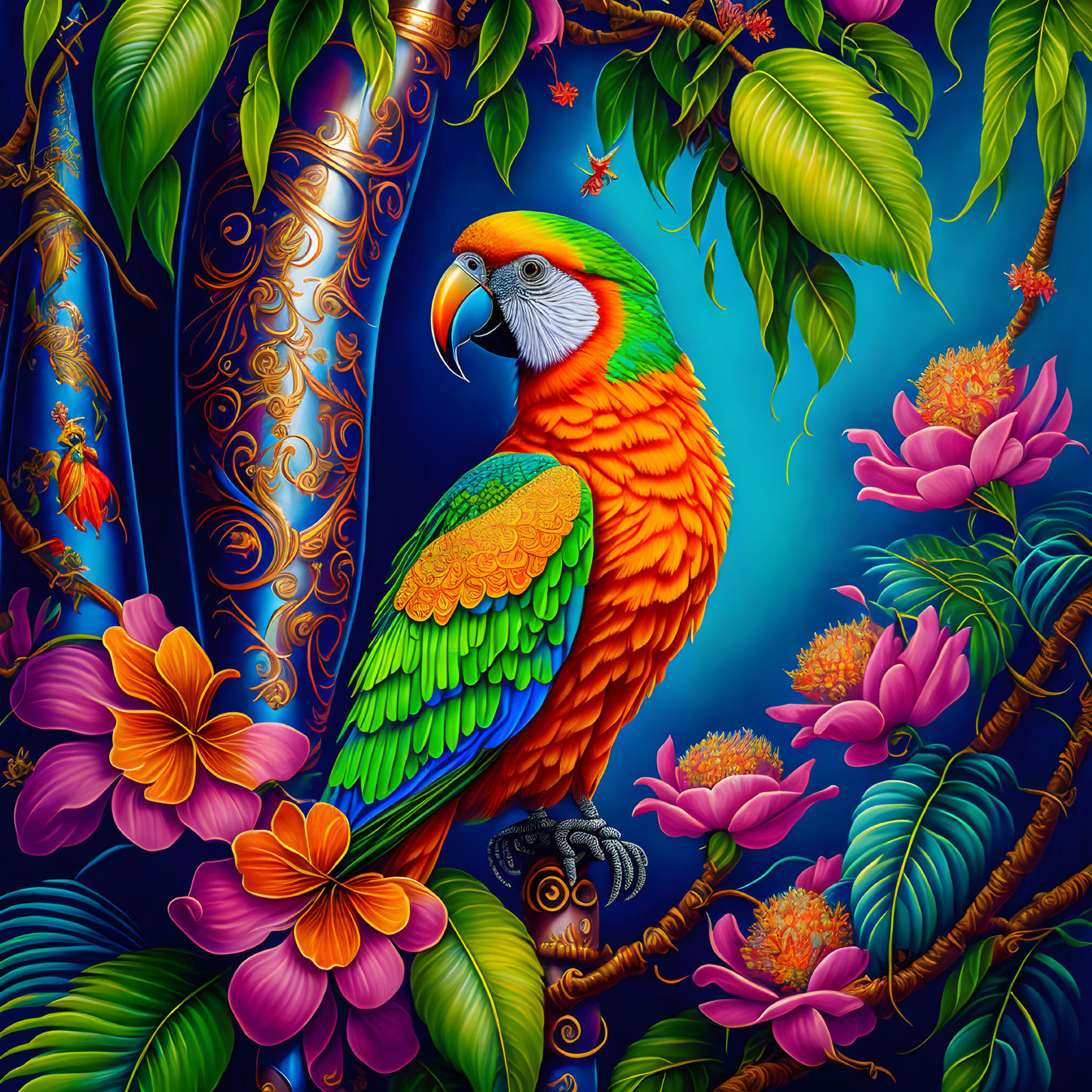 Colorful Parrot Among Exotic Flowers and Foliage with Snake on Blue Background