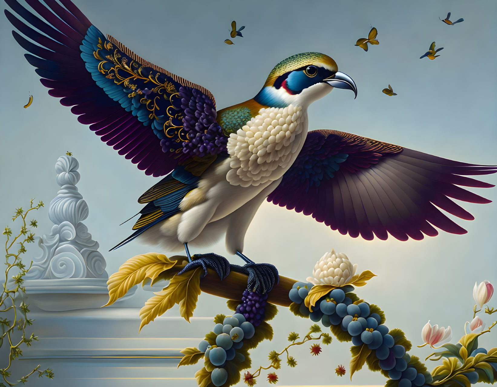 Vibrant painting of large bird on branch with intricate feathers amid blooming flowers