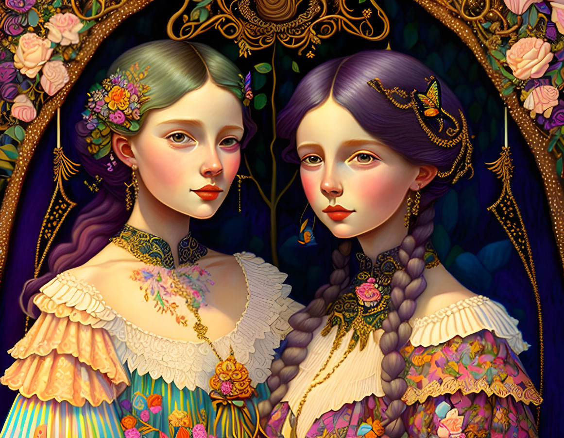 Young women in floral dresses with intricate hairstyles
