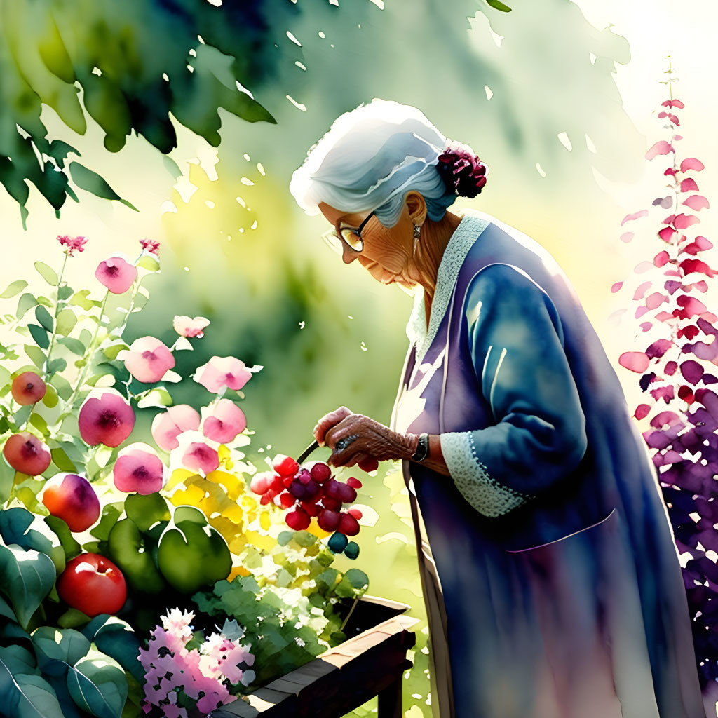 Elderly woman tending to flowers and fruit in vibrant garden