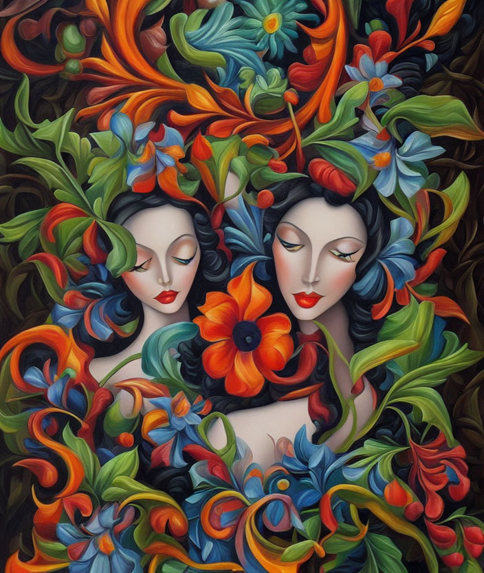 Ethereal Female Faces with Vibrant Flowers and Foliage