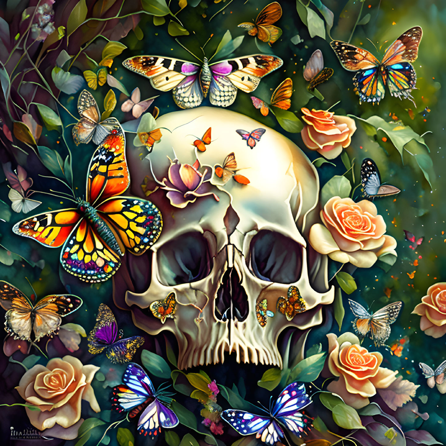 Colorful Artwork: Human Skull, Butterflies, Roses, Foliage