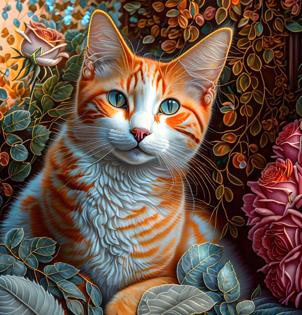 Orange and White Cat with Striking Eyes in Lush Foliage and Roses